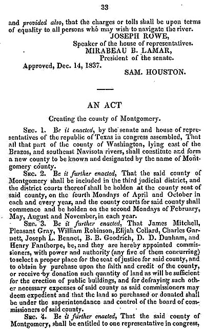 Act Creating Montgomery County, Texas - December 14, 1837